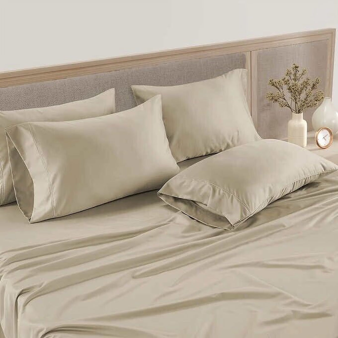 Hotel Signature Sateen Bed Sheet Set, Tan -offwhite-beige, Split King