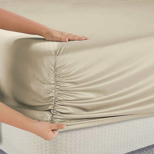 Hotel Signature Sateen Bed Sheet Set, Tan -offwhite-beige, Split King 6
