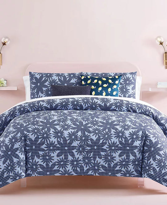 Kate Spade New York Daisy Gingham Set of 3 Comforter Set, Twin XL Size, Navy